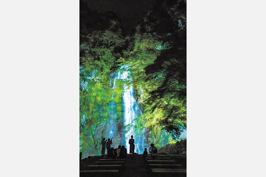 箕面公園夜間ライトアップ：ライトアップする大滝