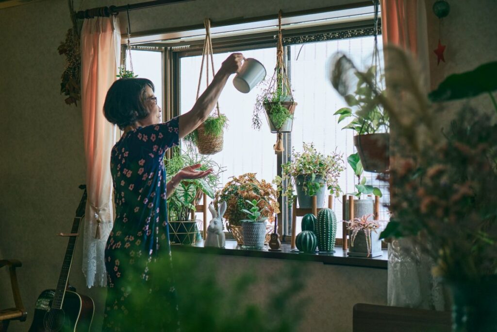 出窓に置かれた植物に水をやる女性