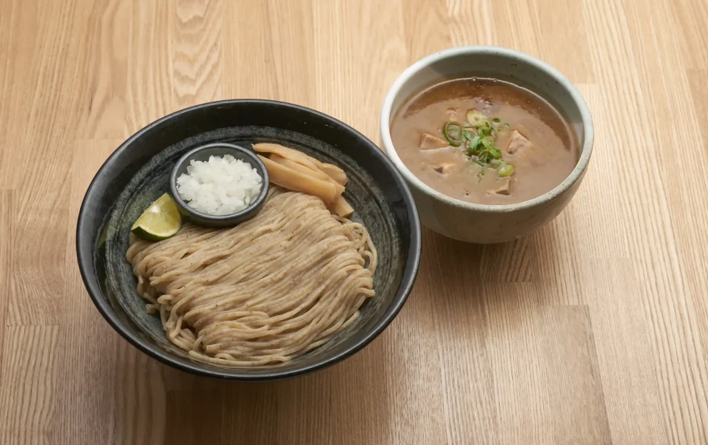 、長野県産小麦を石臼で挽いた蕎麦のような色みのつけ麺