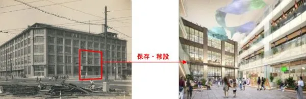 大阪中央郵便局舎の一部が保存・移設された「KITTE大阪」のアトリウムイメージ